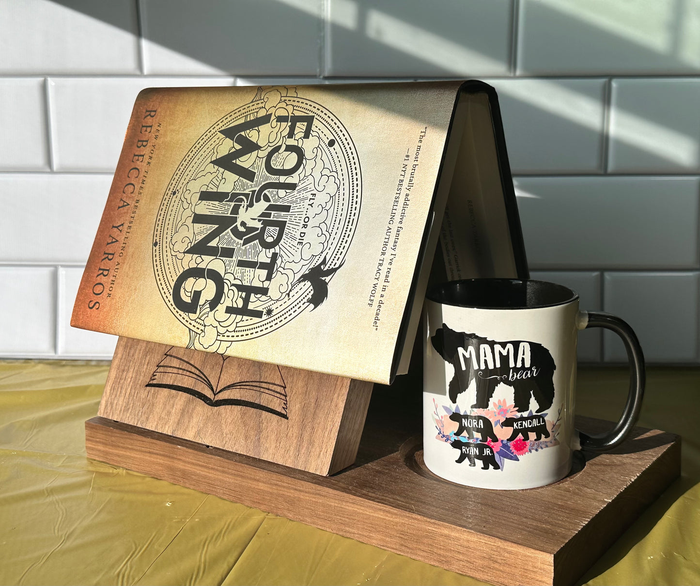 Wooden Triangle Book Holder With Cup Holder | Custom Engraved