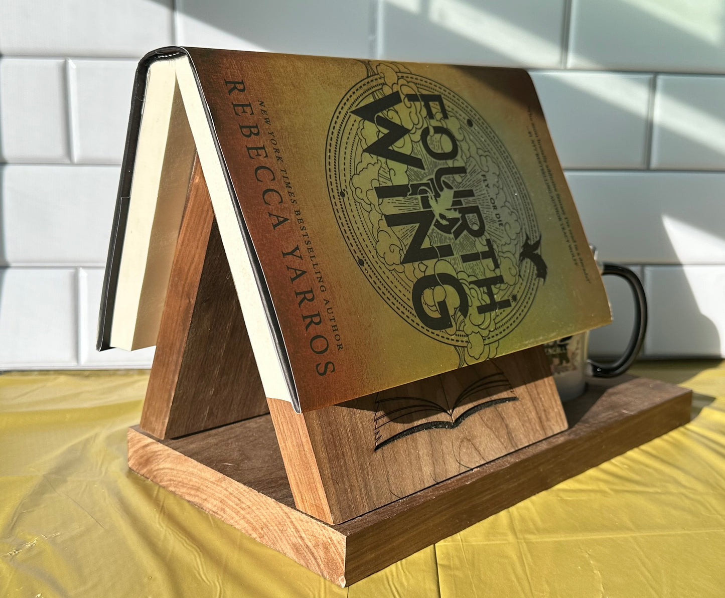 Wooden Triangle Book Holder With Cup Holder | Custom Engraved